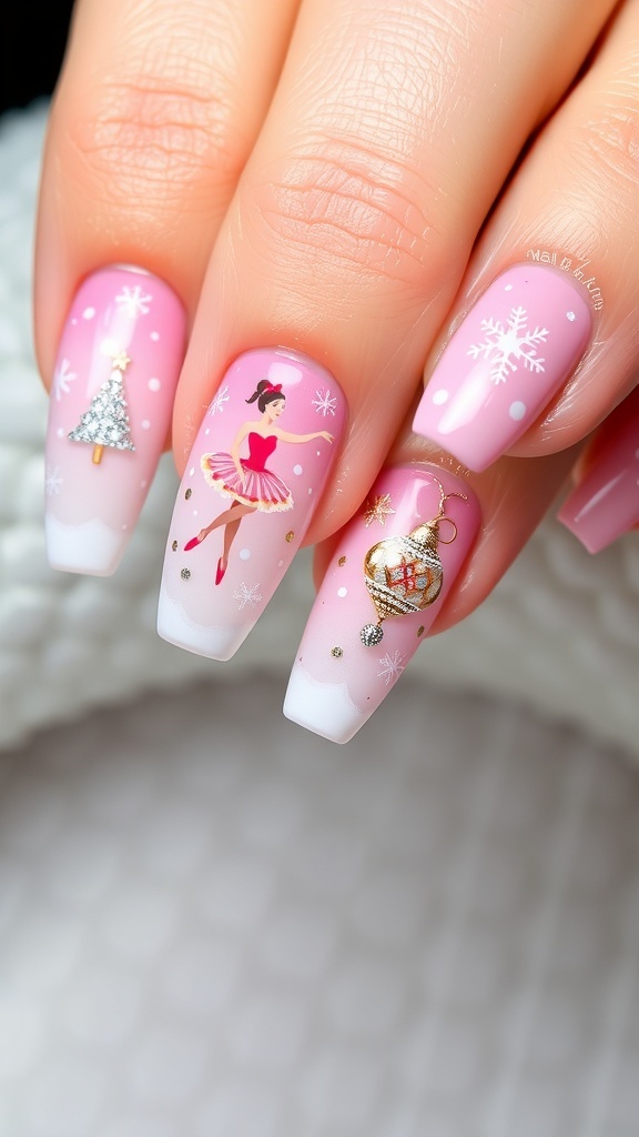 Ballerina Christmas nail art design in soft pink, white, and gold with festive motifs.